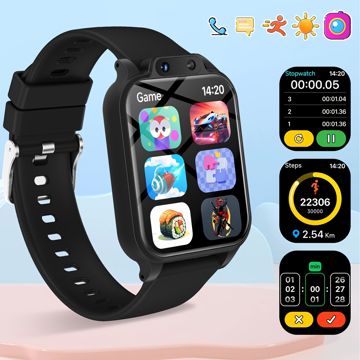 Kids Education Steps - 18種類の教育ゲーム、HD自撮り対応、カメラ、USB充電、フォトアルバム、歩数計を搭載した若者向けスマートウォッチ