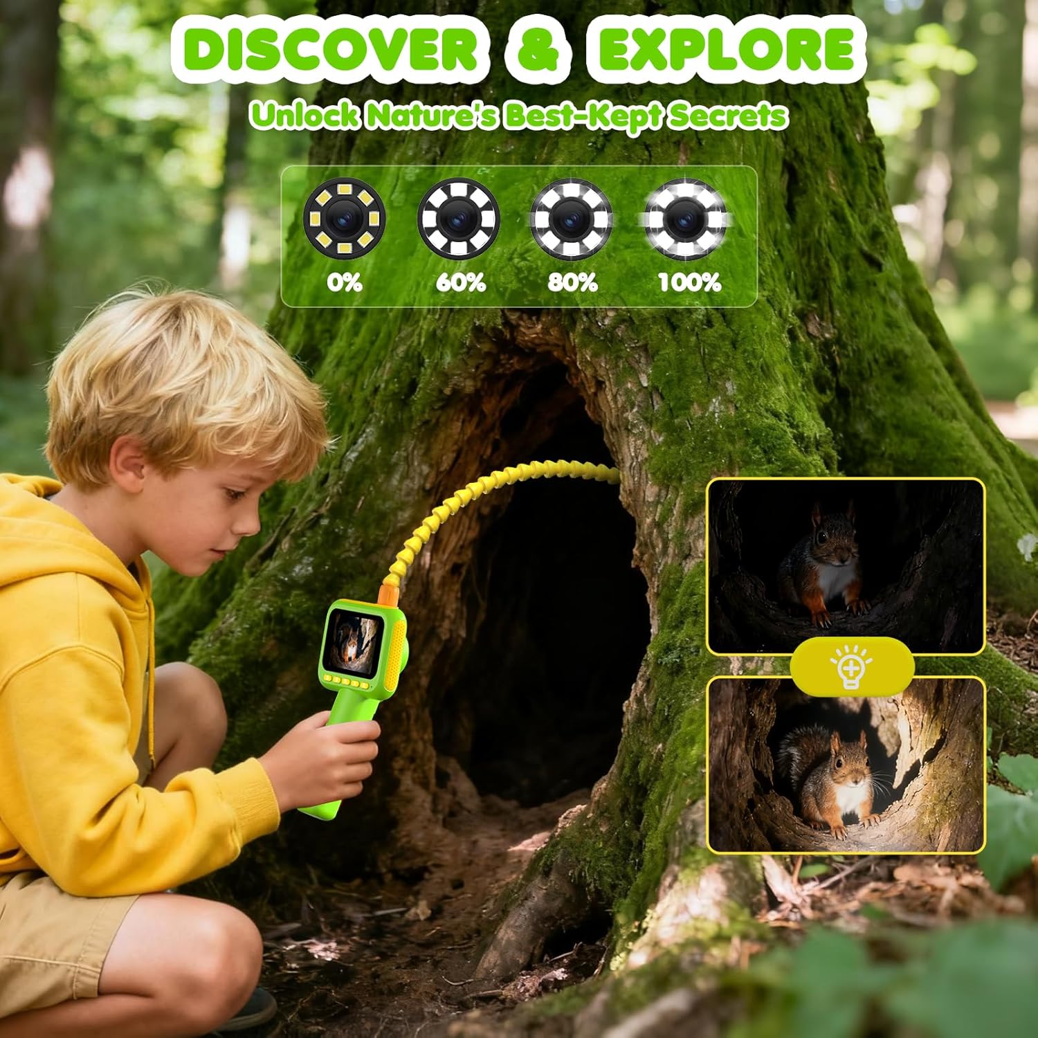 Kids Nature Education - 子供用内視鏡、ライト付きボアスコープスネークカメラおもちゃ、屋外キャンプ自然探検用STEM教育科学玩具